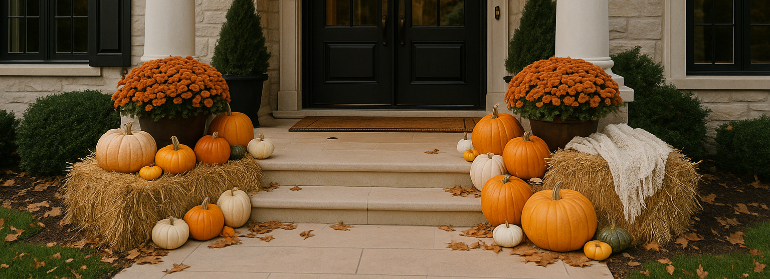 Decorative pumpkins and flowers on steps leading to a house entrance